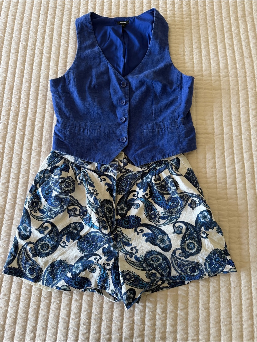 Express Blue Vest with Paisley Blue & White Women's Shorts